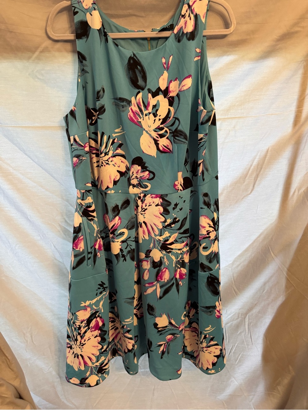 Roz & Ali Teal Floral Sleeveless Midi Dress with Pink & Cream Accents